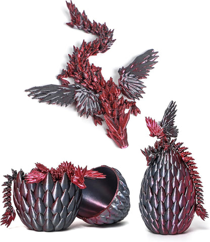 3D Printed Flying Dragon in Egg - Black Mix Red - Surprise Egg with Flexible Winged Dragon Inside