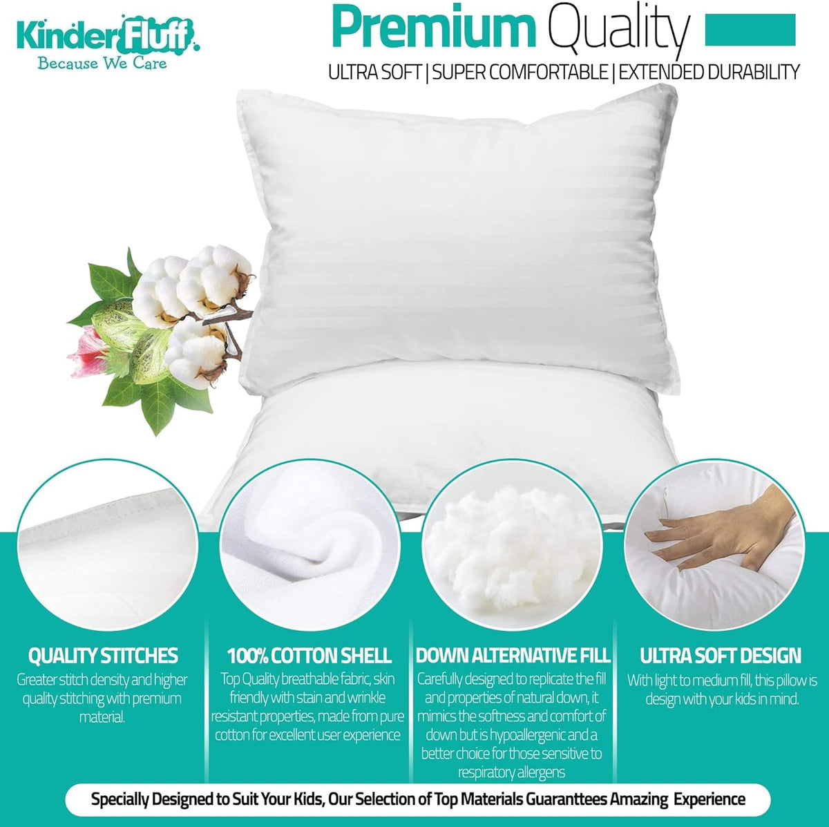 kinder Fluff Toddler Pillows (2pk) - The only Pillow for Kids 300T Cotton Shell & Down Alternative