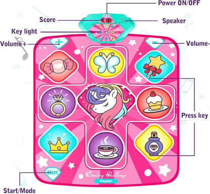Unicorn Dance Mat, Dance Mixer Rhythm Step Play Mat, Pink Dance Pad with LED Lights, Adjustable