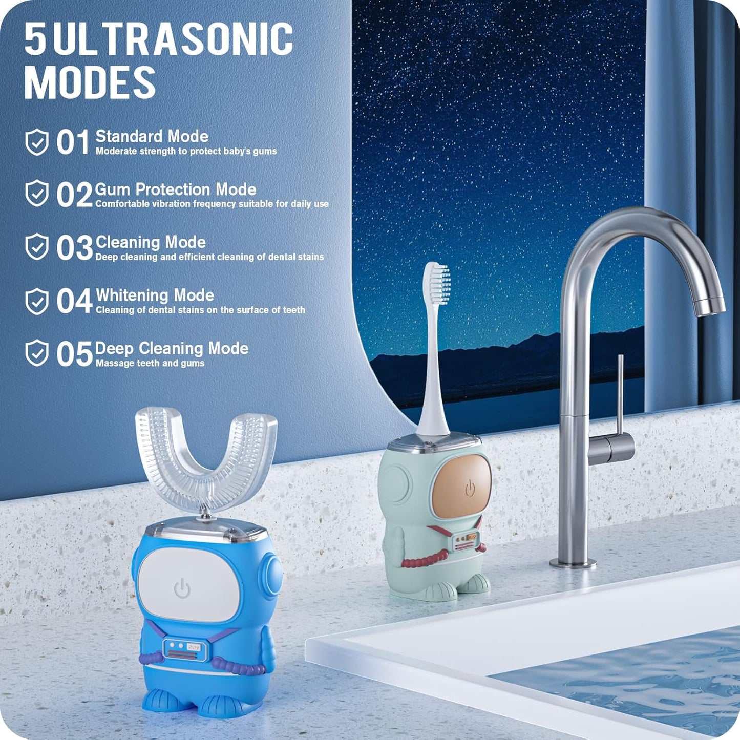 Ultrasonic Kid's U-Shaped Electric Toothbrush, IPX7 Waterproof, Five Cleaning Modes, 60S Smart
