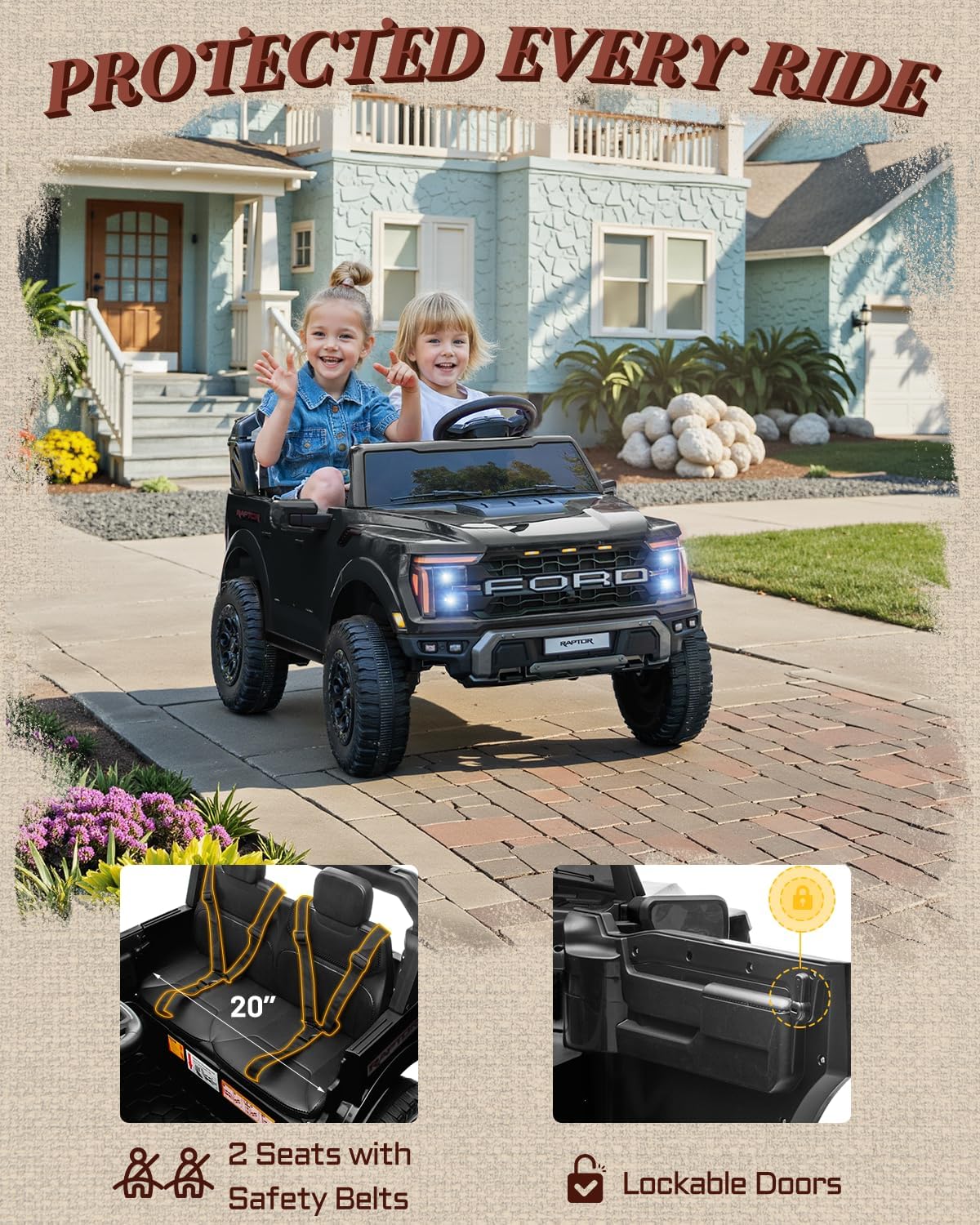 24V Ride on Toys for Big Kids, Licensed Ford F-150 Raptor 2 Seater Kids Ride on Car w/Remote