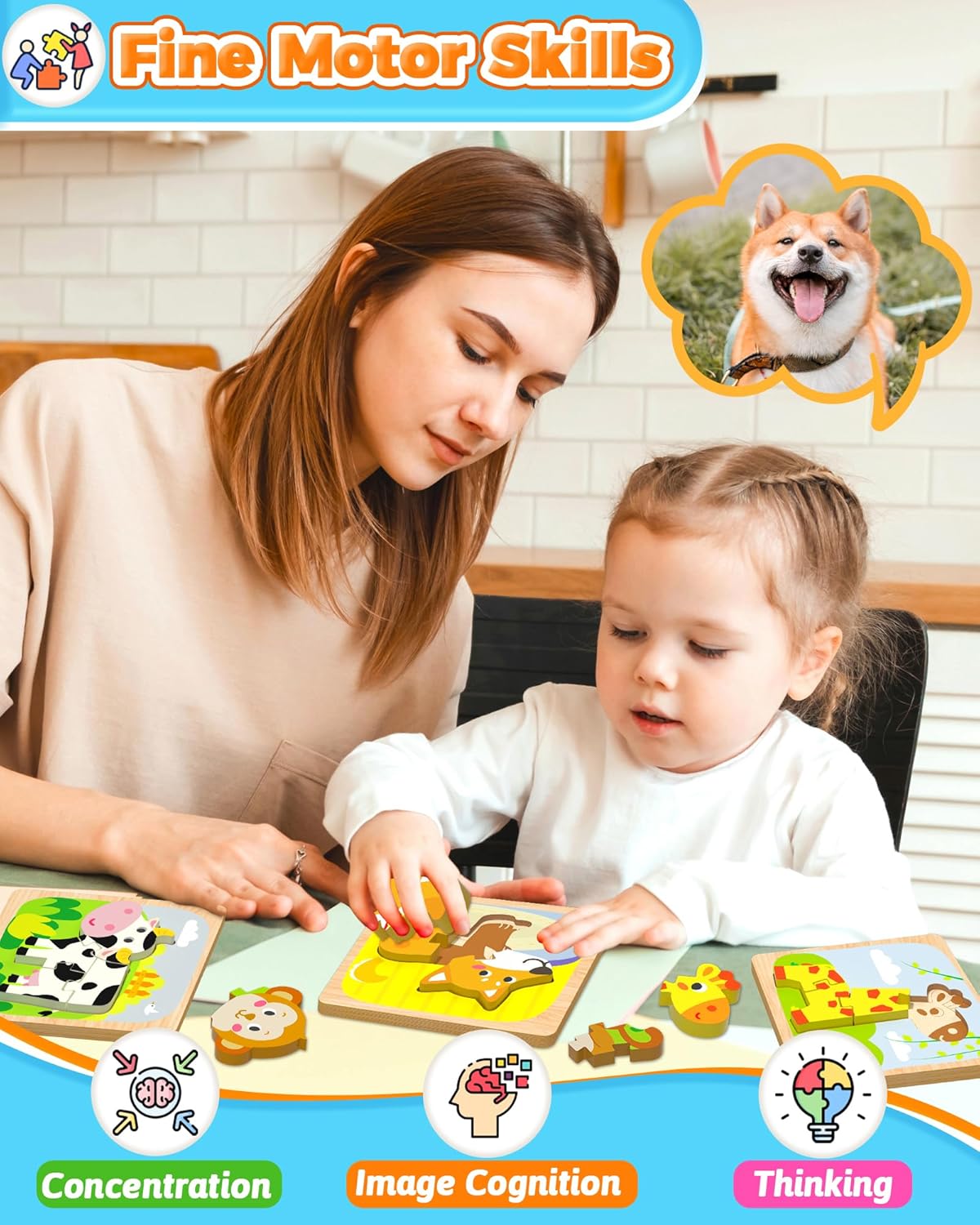 Benresive Wooden Toddler Puzzles, 6pcs Animal Montessori Toys for 1-3 Year Old Boys & Girls