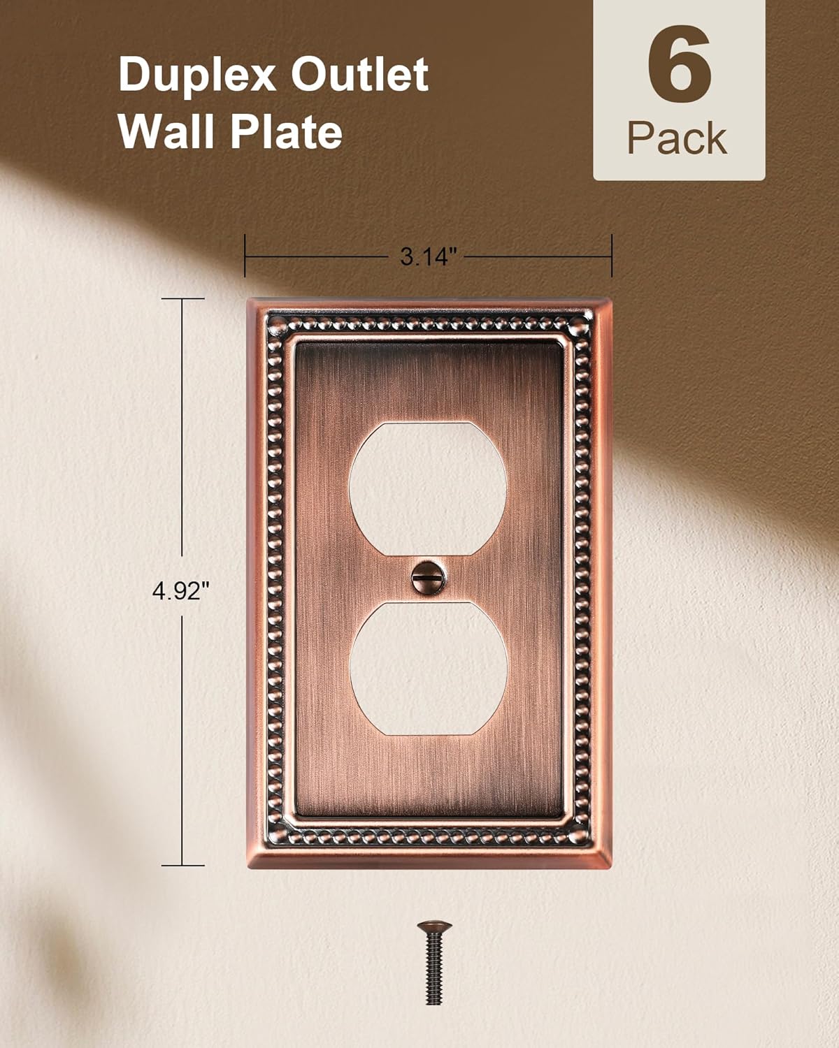 6-Pack Duplex Outlet Cover Plate, Antique Copper Metal Wall Plates for Electrical Outlets, 1 Gang