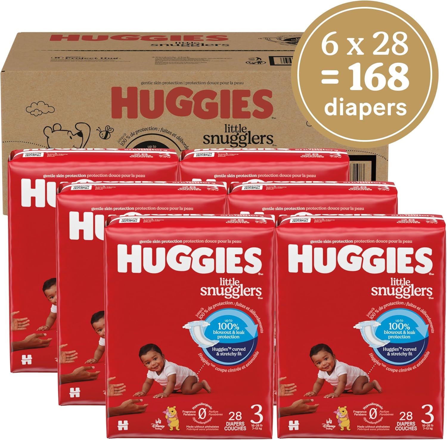 Huggies Size 3 Diapers, Little Snugglers Baby Diapers, Size 3 (16-28 lbs), 168 Count (6 Packs of