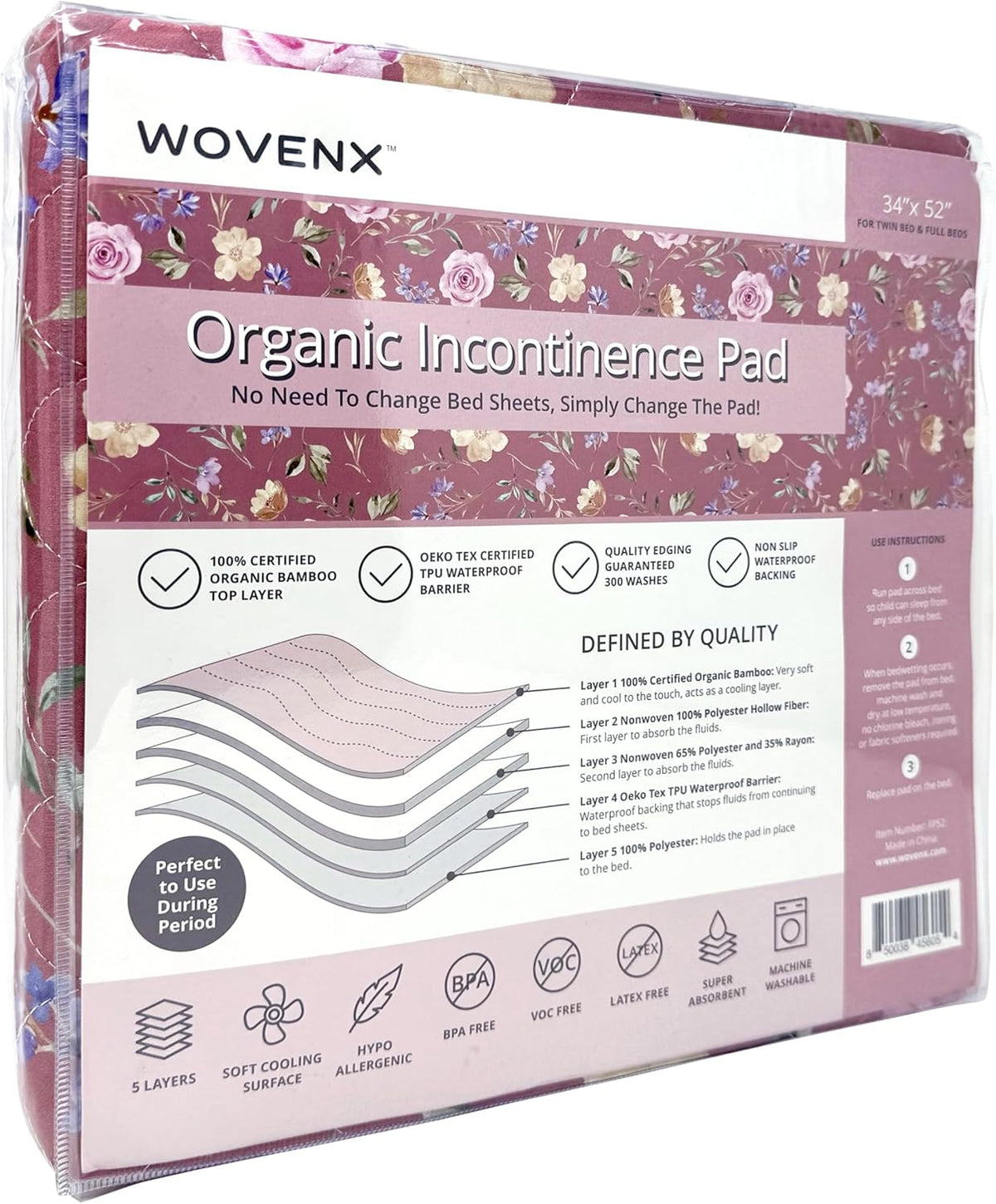 Organic Incontinence Pad for Period - Waterproof Protectors - Reusable Washable Pee Pad - Fits Twin