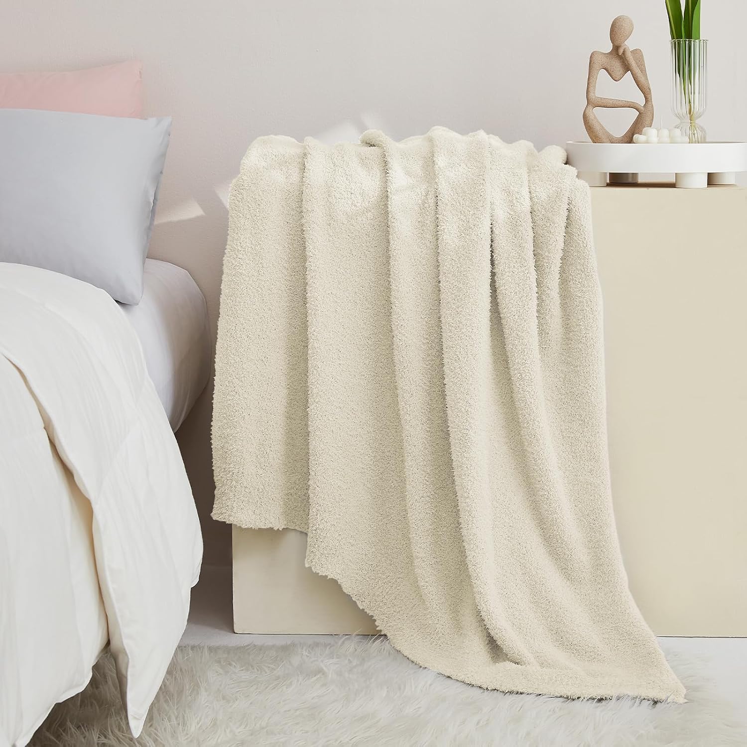 CYMULA Super Soft Knit Throw Blanket Throw Size Beige - Lightweight Plush Fuzzy Fluffy Warm Cozy