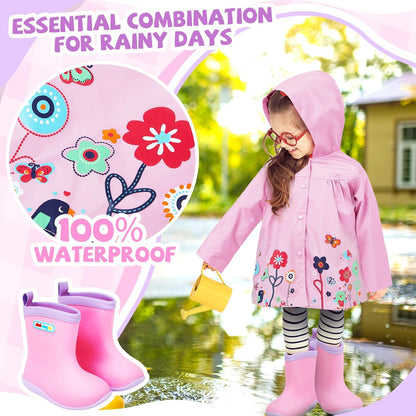 2 Pcs Toddler Raincoat Rain Boots Set Kids Baby Cartoon Hoodie Zipper Jacket Short Rain Shoes for