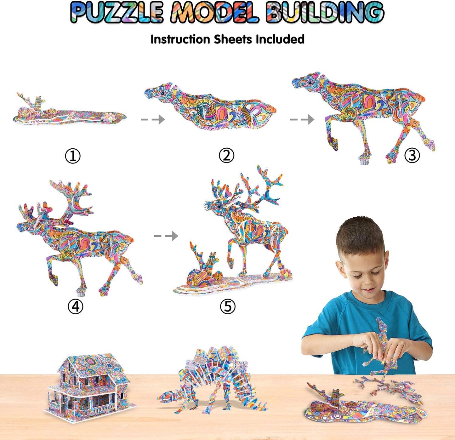 BEARUN 3D Coloring Puzzle Set, Arts and Crafts for Girls and Boys Age 6 7 8 9 10 11 12 Year Old