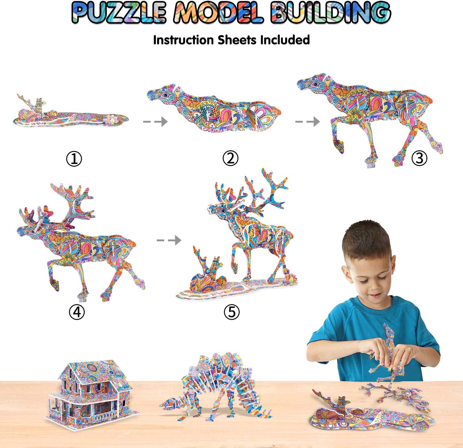 BEARUN 3D Coloring Puzzle Set, Arts and Crafts for Girls and Boys Age 6 7 8 9 10 11 12 Year Old