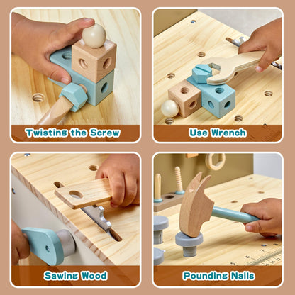 Kids Tool Set,Wooden Tools Bench with Apron Toddler Toy Workbench with Realistic Tools Electric