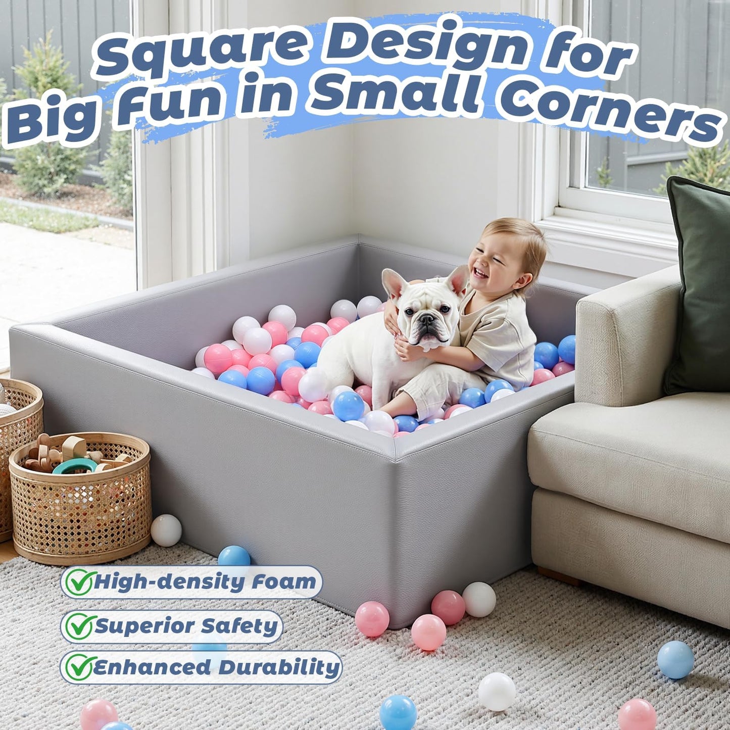 Leather Foam Ball Pit for Toddlers: Waterproof Baby Ball Pit with Soft Memory Foam - Large