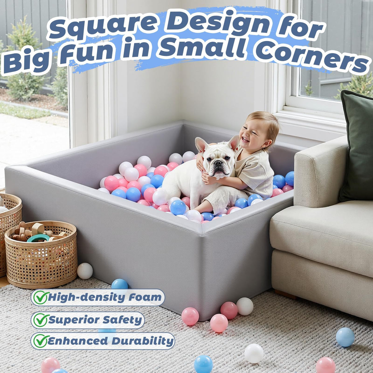Leather Foam Ball Pit for Toddlers: Waterproof Baby Ball Pit with Soft Memory Foam - Large