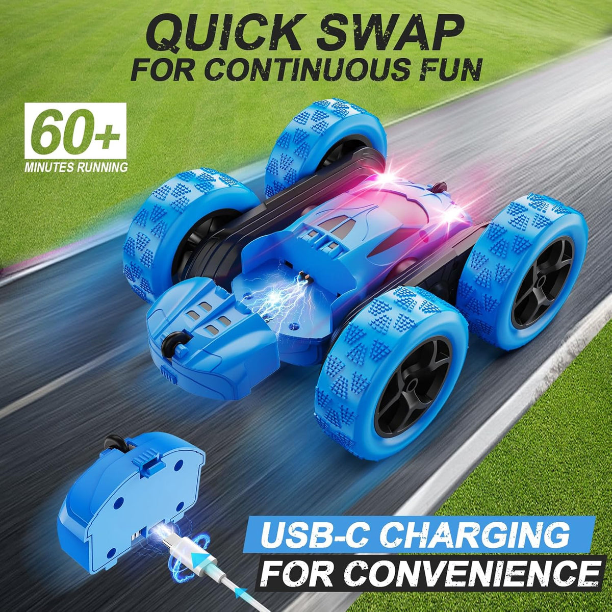Remote Control Car, RC Cars Toys for Kids Ages 6-12, 4WD Stunt Car with LED Lights & 360° Flips