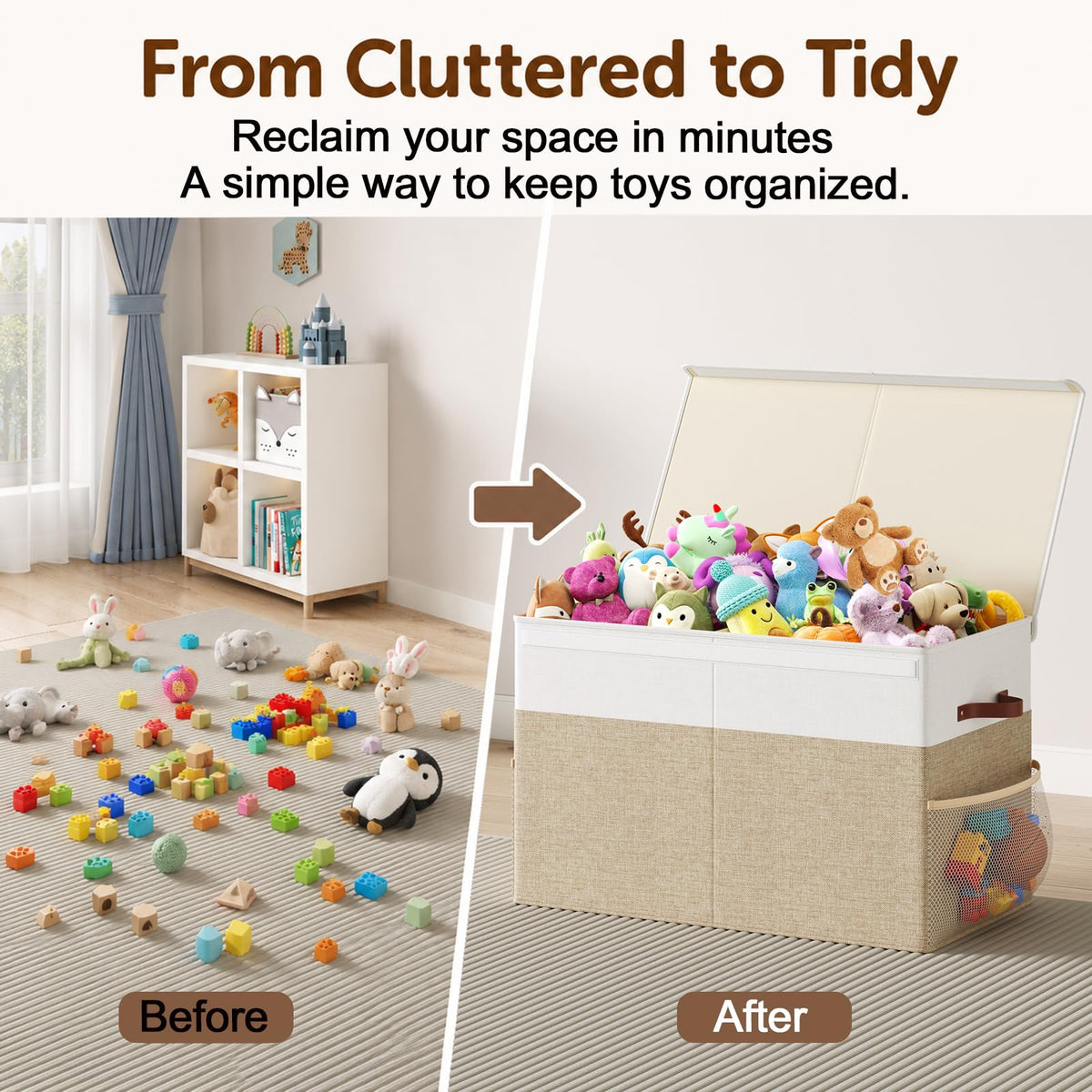 Large Toy Storage Box with Lid, Toy Chest with Divider, Foldable Organizer