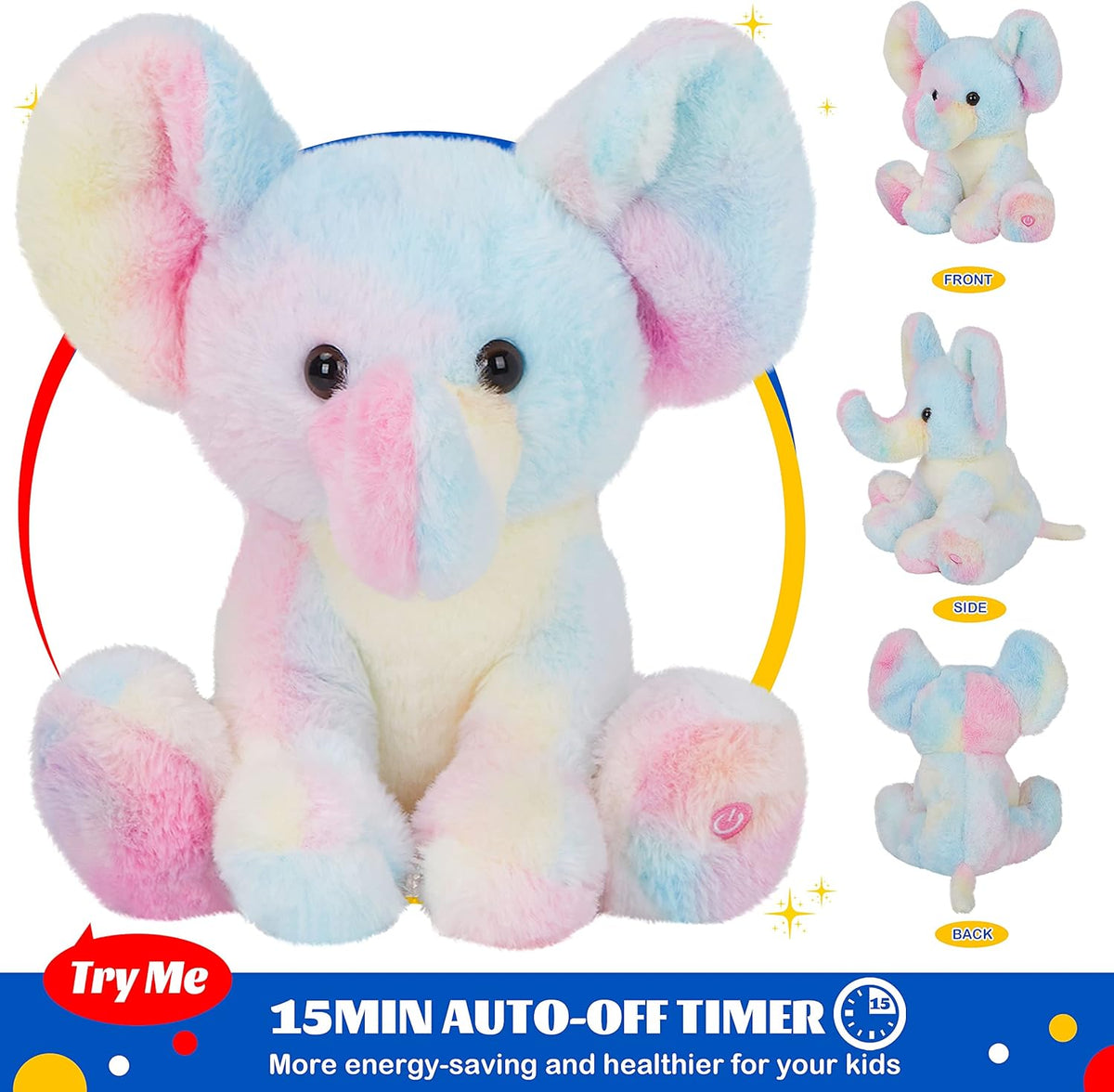Glow Guards 12'' Musical Light up Rainbow Elephant Stuffed Animal,LED Singing Soft Wildlife Animal