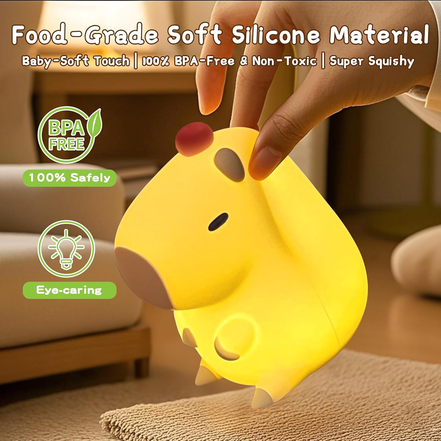 Capybara Night Light,Cute Tangerine LED Squishy Novelty Animal Night Lamp,Dimmable Soft Silicone