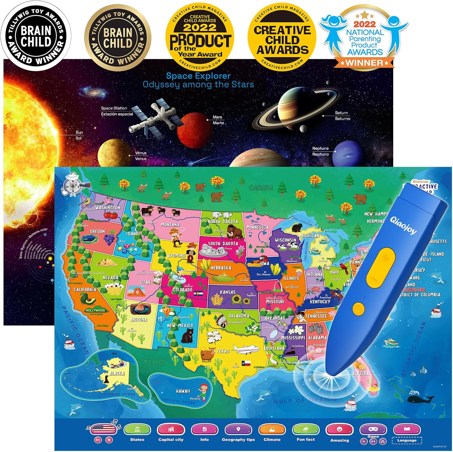 Bilingual Interactive for Kids Talking USA Map Solar System Poster for Kids Learning and