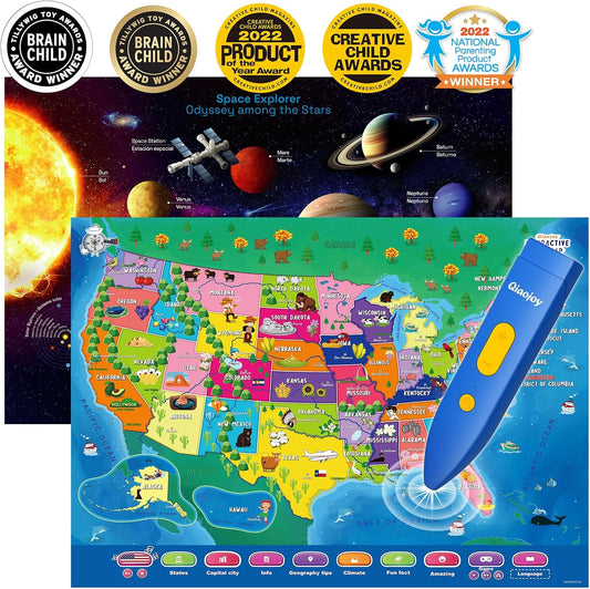 Bilingual Interactive for Kids Talking USA Map Solar System Poster for Kids Learning and