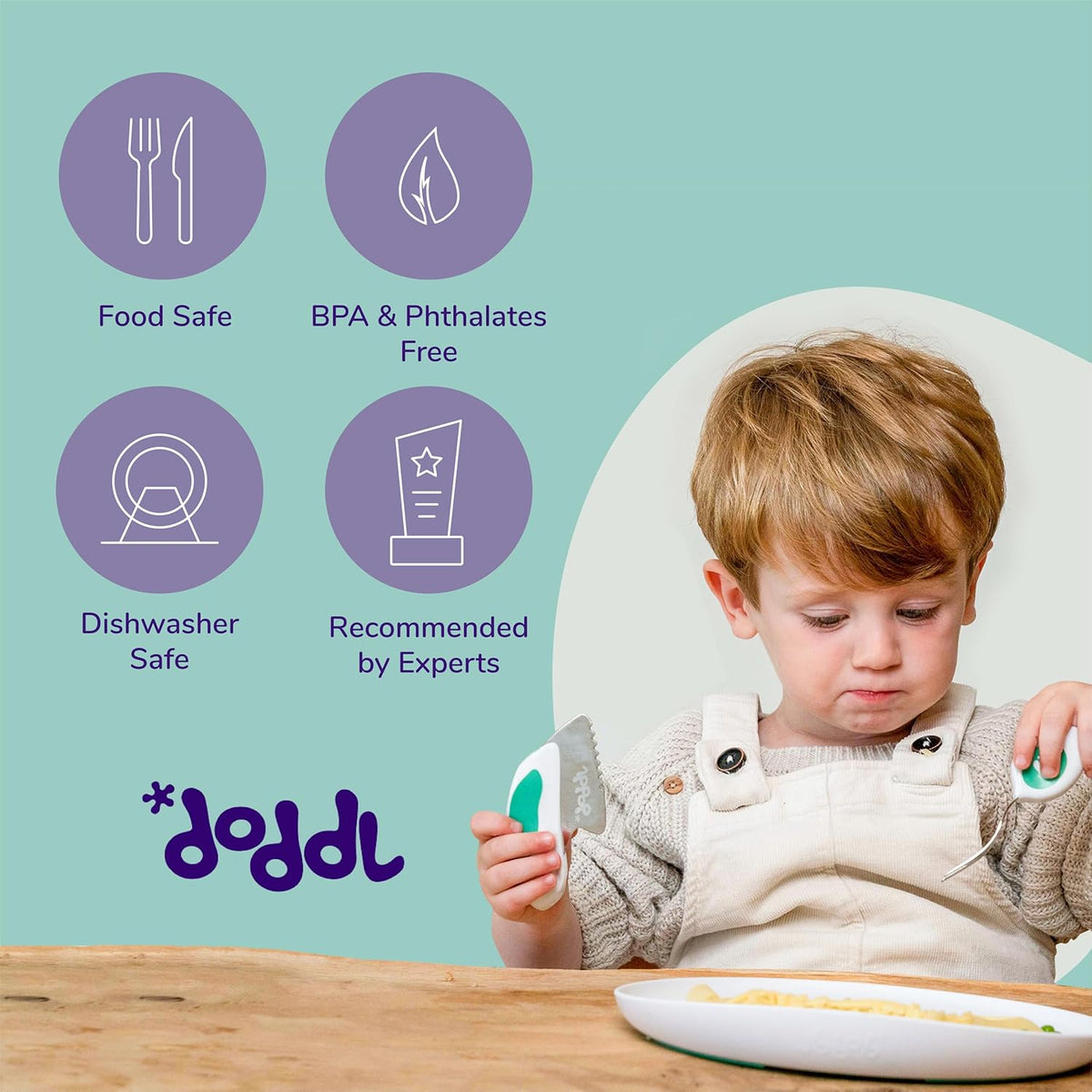 doddl Toddler Utensils, Ergonomic Fork Spoon and Knife Set for Self Feeding, Stainless Steel