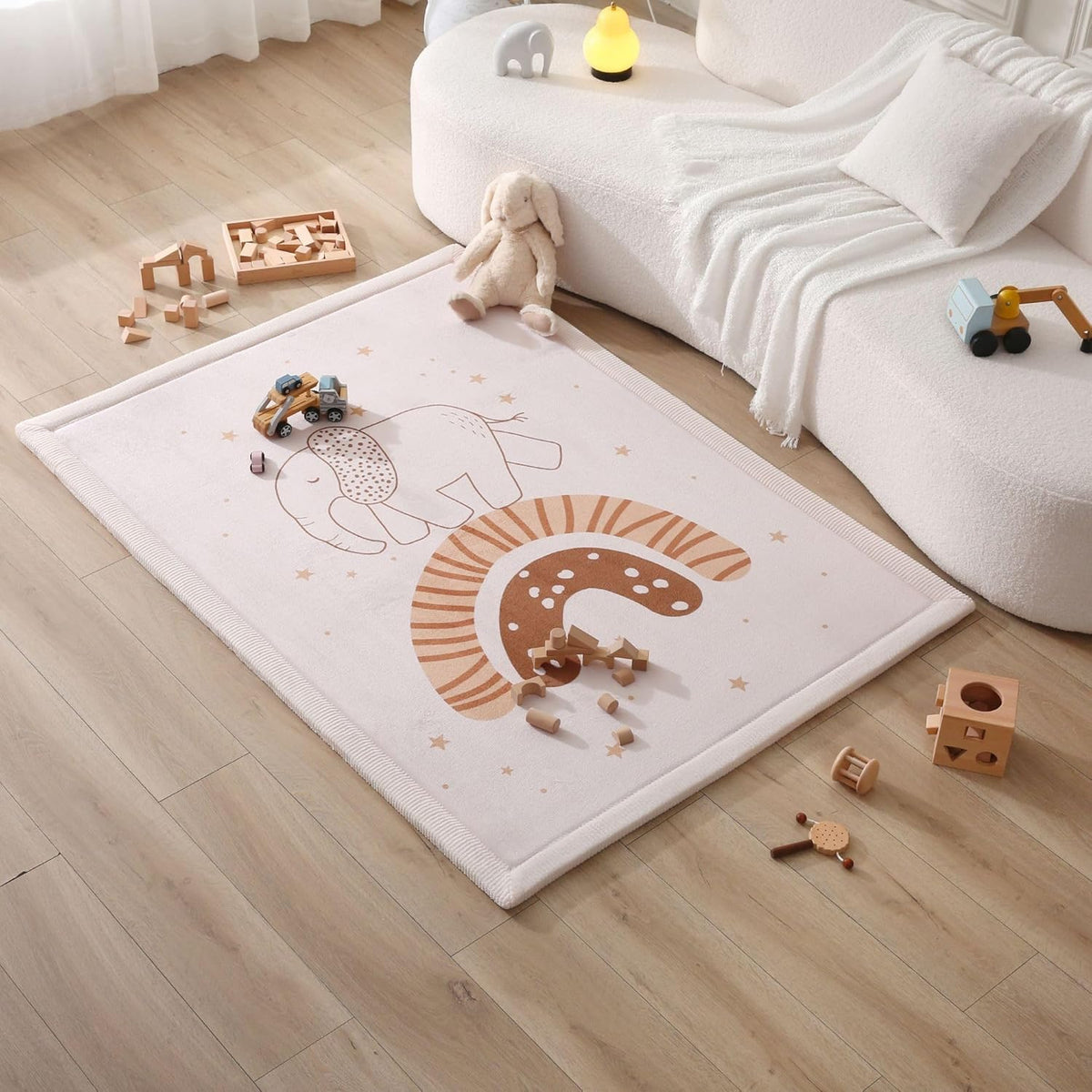 Stylish Coral Baby Play Mat for Floor 47" x 67" Rainbow Elephant – Soft 1" Thick High-Density
