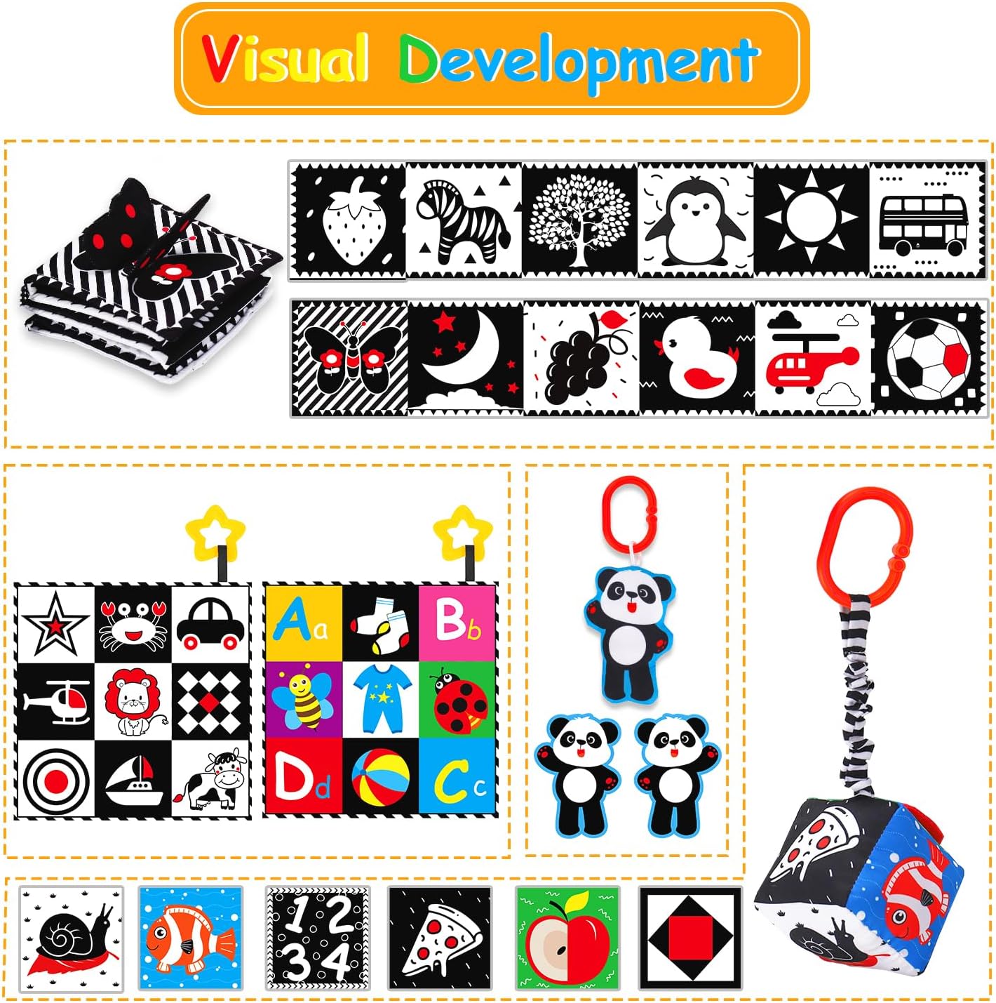 4 PCS Black and White High Contrast Baby Toys 0-3-6 Months Newborn Essential Montessori Toy for
