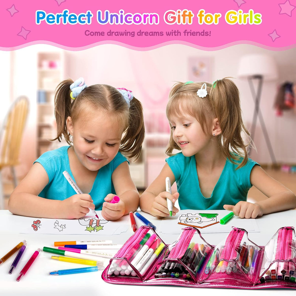 beefunni Unicorn Washable Markers Set 48 pcs with Glitte Pencil Case, Art Supplies for Kids Ages