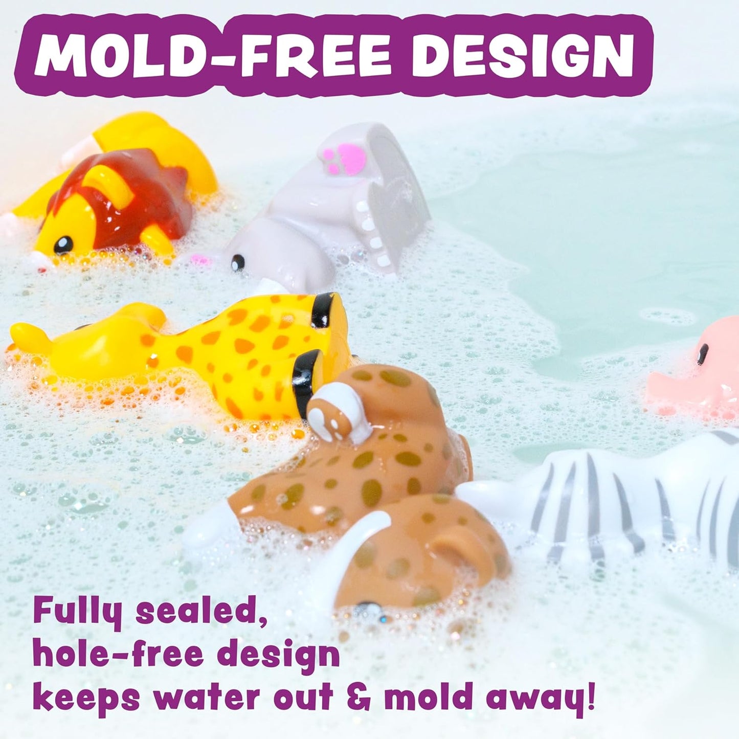 Tub Works® Savanna™ Mold Free Bath Toys, 6 Pack | Sealed, No Hole Bath Toys Design Keeps Moisture