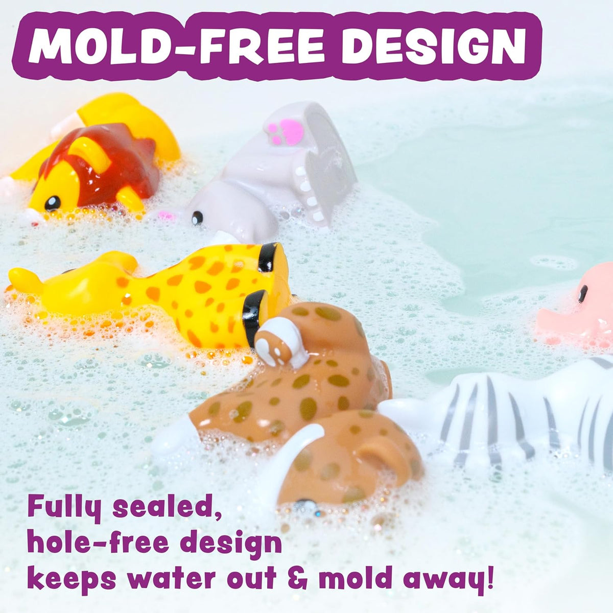 Tub Works® Savanna™ Mold Free Bath Toys, 6 Pack | Sealed, No Hole Bath Toys Design Keeps Moisture