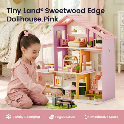Tiny Land Wooden Doll House, Modern Family Dollhouse with Realistic Design