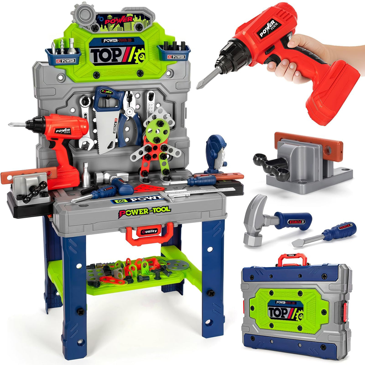 Kids Tool Bench Set with Electric Drill and Realistic Tools, Construction Workbench Playset Toy for