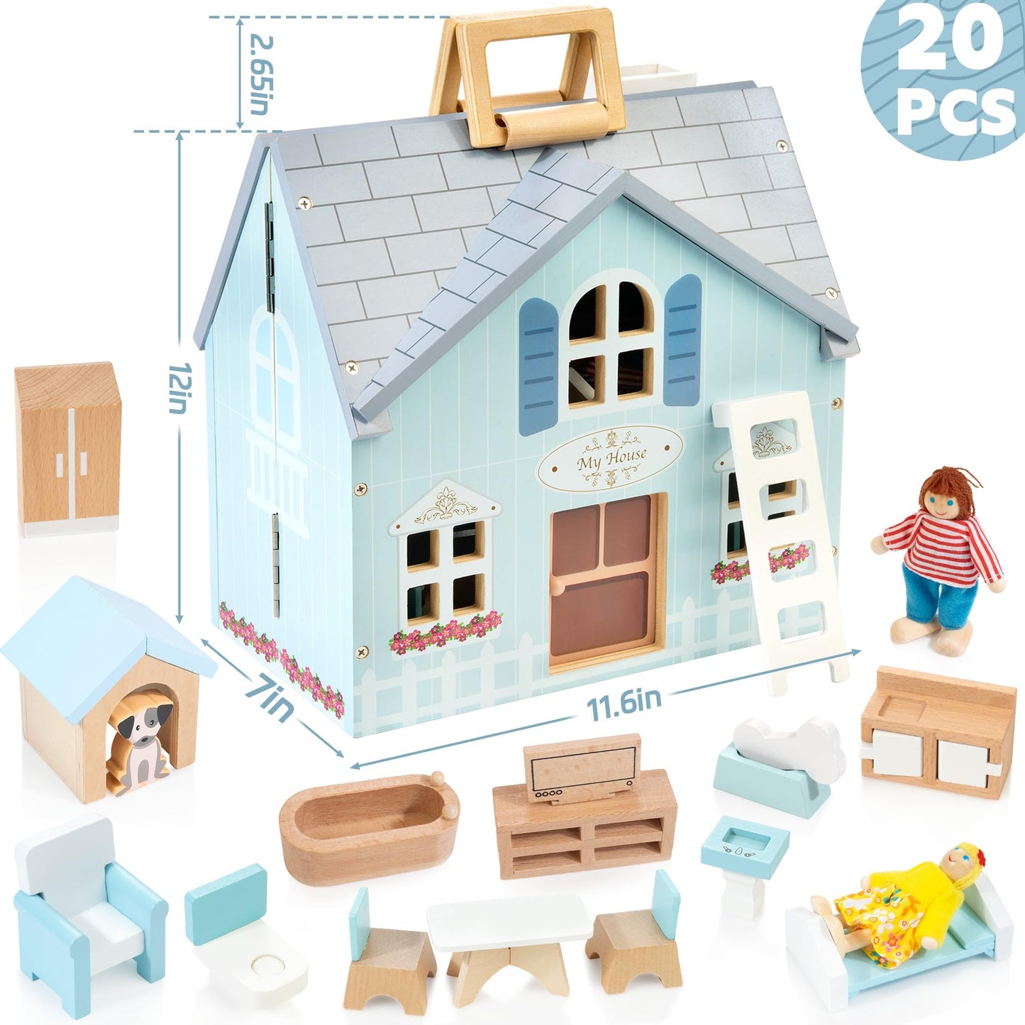 WOODMAM Foldable Wooden Dollhouse with Furniture, Dolls & Pet Set