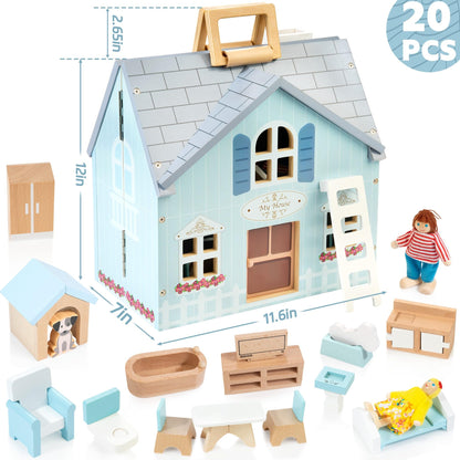 WOODMAM Foldable Wooden Dollhouse with Furniture, Dolls & Pet Set