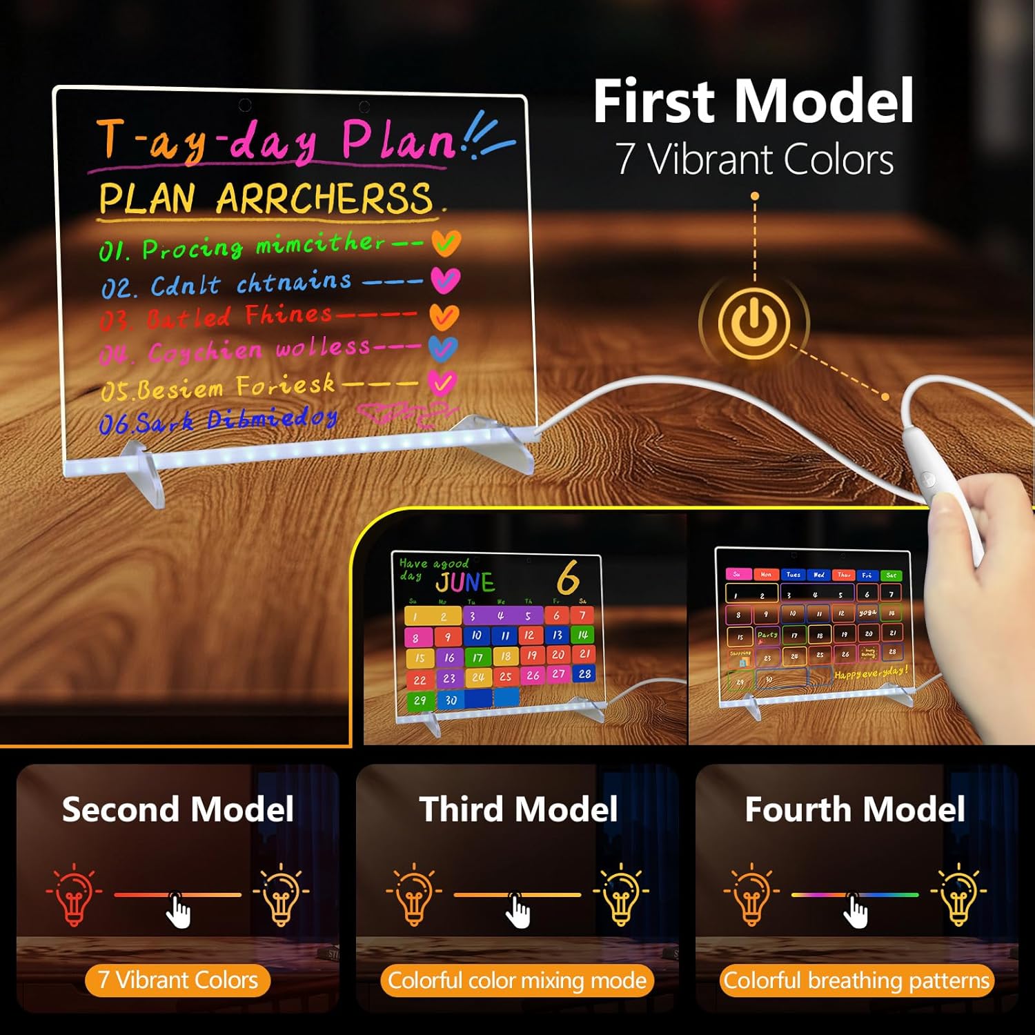 LED Note Board with Colors, 13.7"X10" 4 Modes & 7 Colors Acrylic Dry Erase Board with Light