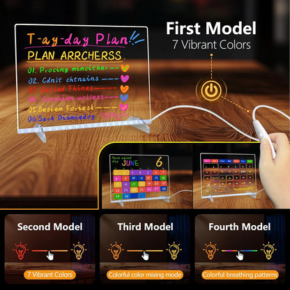 LED Note Board with Colors, 13.7"X10" 4 Modes & 7 Colors Acrylic Dry Erase Board with Light
