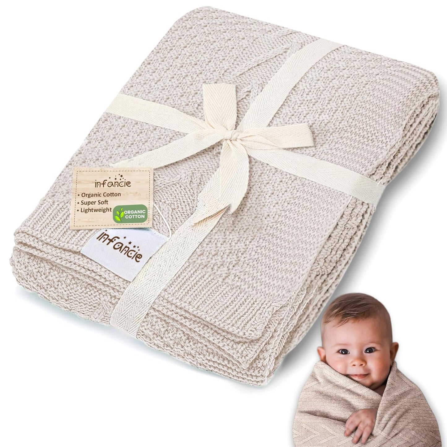 Organic Cotton Baby Blanket - 31.5 x 43.3 Inches, Soft Knitted Crib Blanket for Boys & Girls