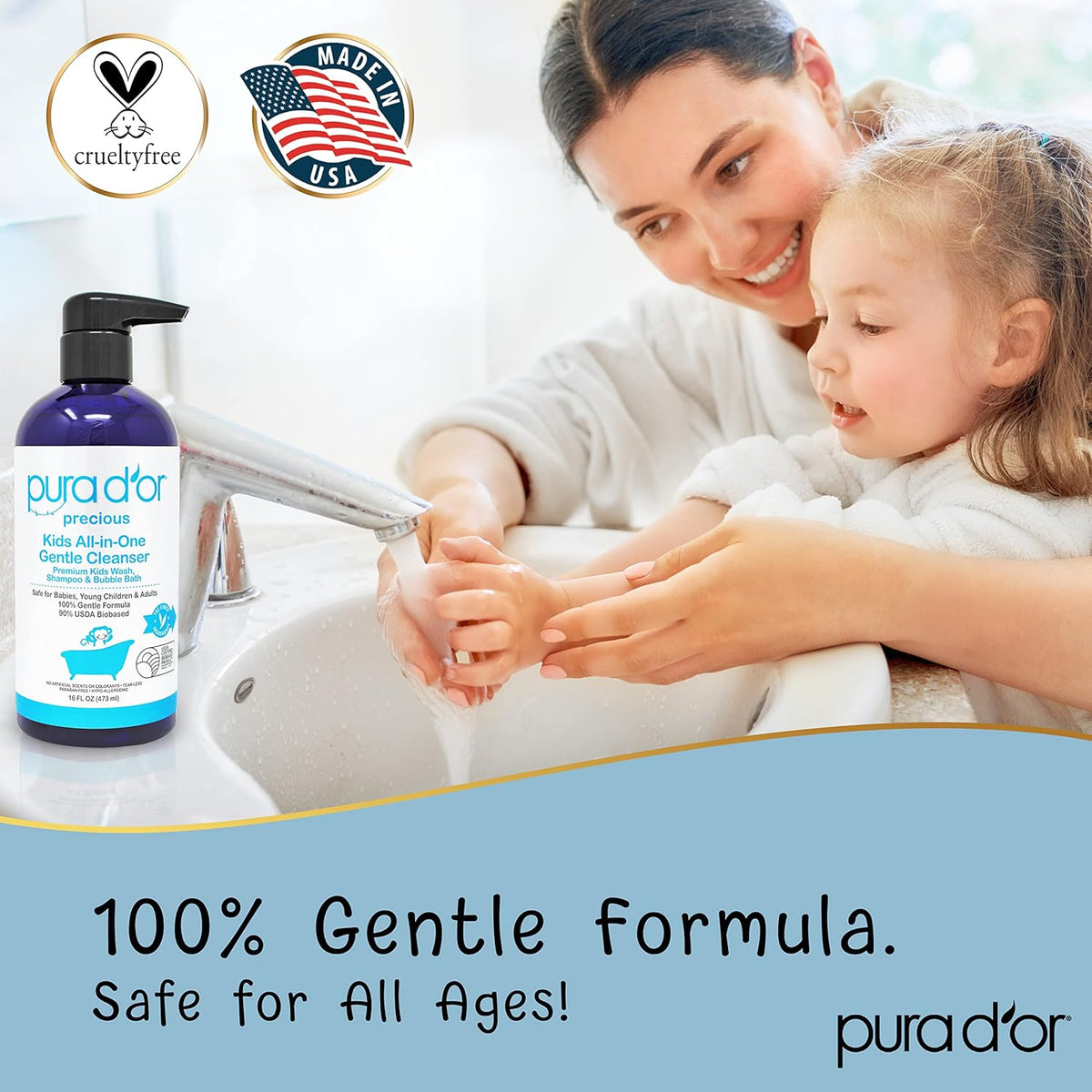PURA D'OR Kids Wash (16oz x 2 = 32oz) All-in-One Gentle Cleanser - USDA Biobased, Sulfate-Free