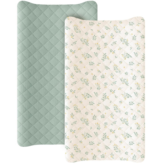 Konssy Waterproof Muslin Changing Pad Cover 2 Pack, Quilted Cotton Fitted Diaper Changing Table