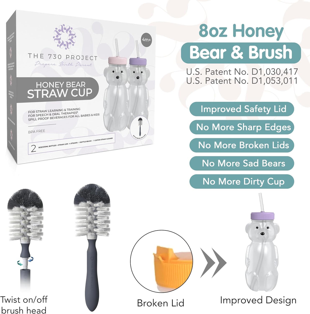 Honey Bear Straw Cup for Babies, 8oz Honey BearCup with Bottle Brush, 2-Pack Improved Lid Therapy