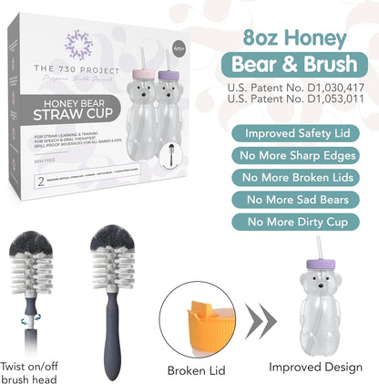 Honey Bear Straw Cup for Babies, 8oz Honey BearCup with Bottle Brush, 2-Pack Improved Lid Therapy