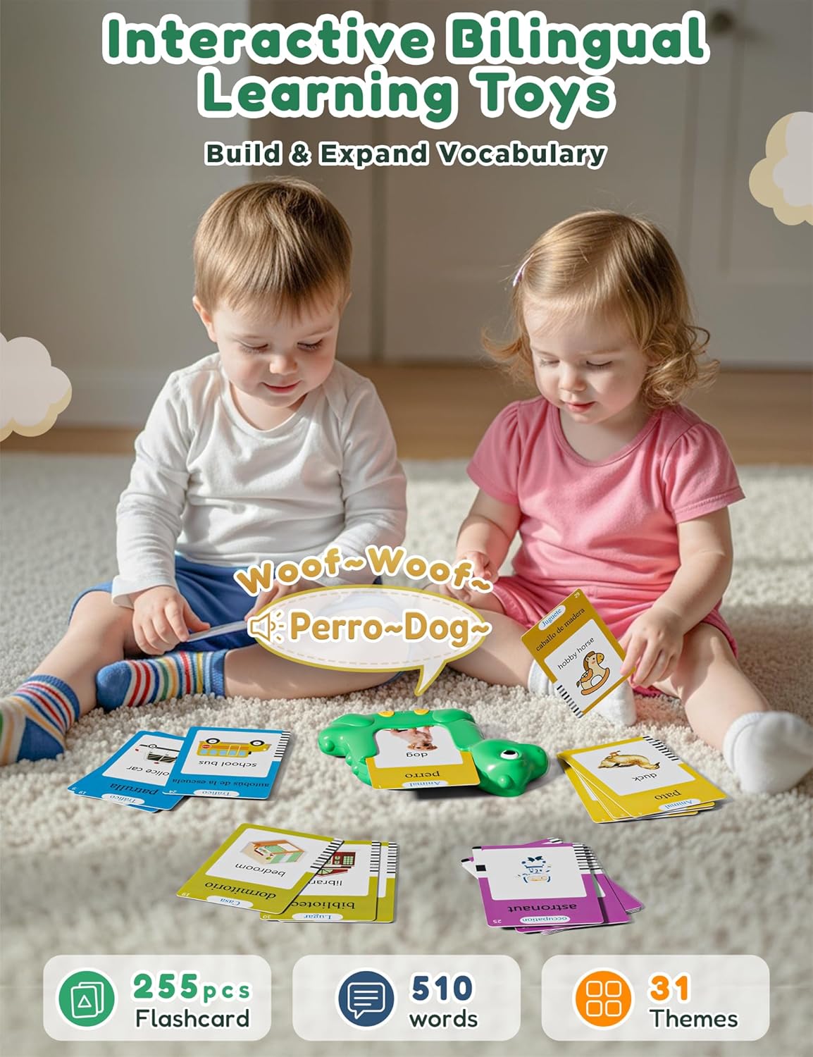 Spanish and English Talking Flash Cards for Toddlers with 510 Sight Words, Dinosaur Shaped