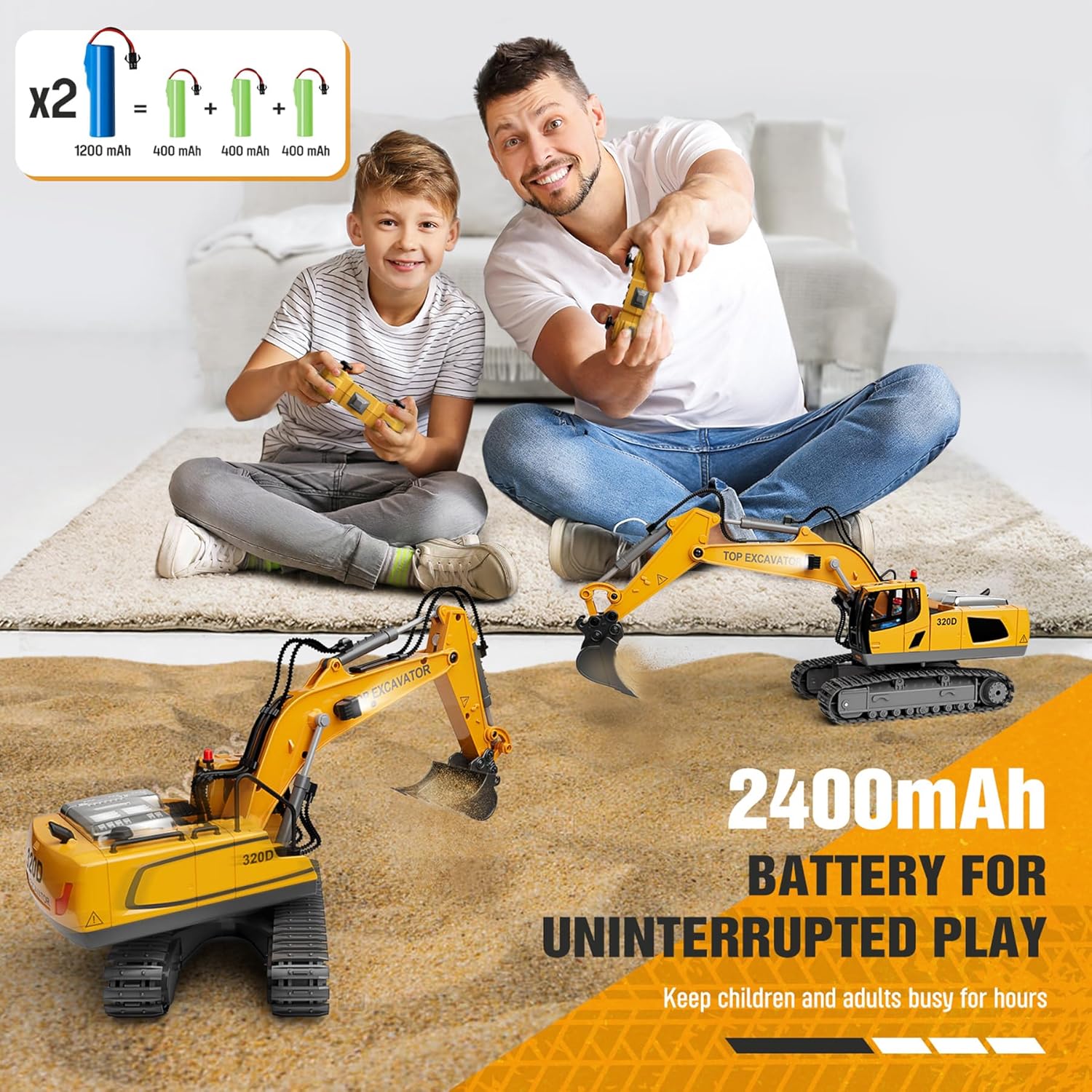 Remote Control Excavator Construction Toys for Boys, 2×1200mAh RC Construction Truck with Metal