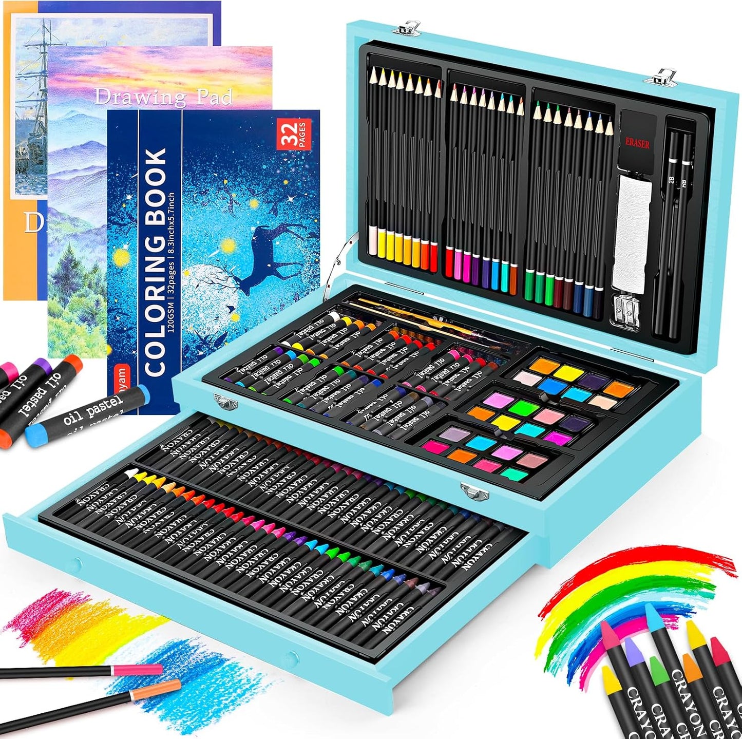 iBayam Art Supplies, 150-Pack Deluxe Wooden Art Set Crafts Drawing Painting Kit with 1 Coloring