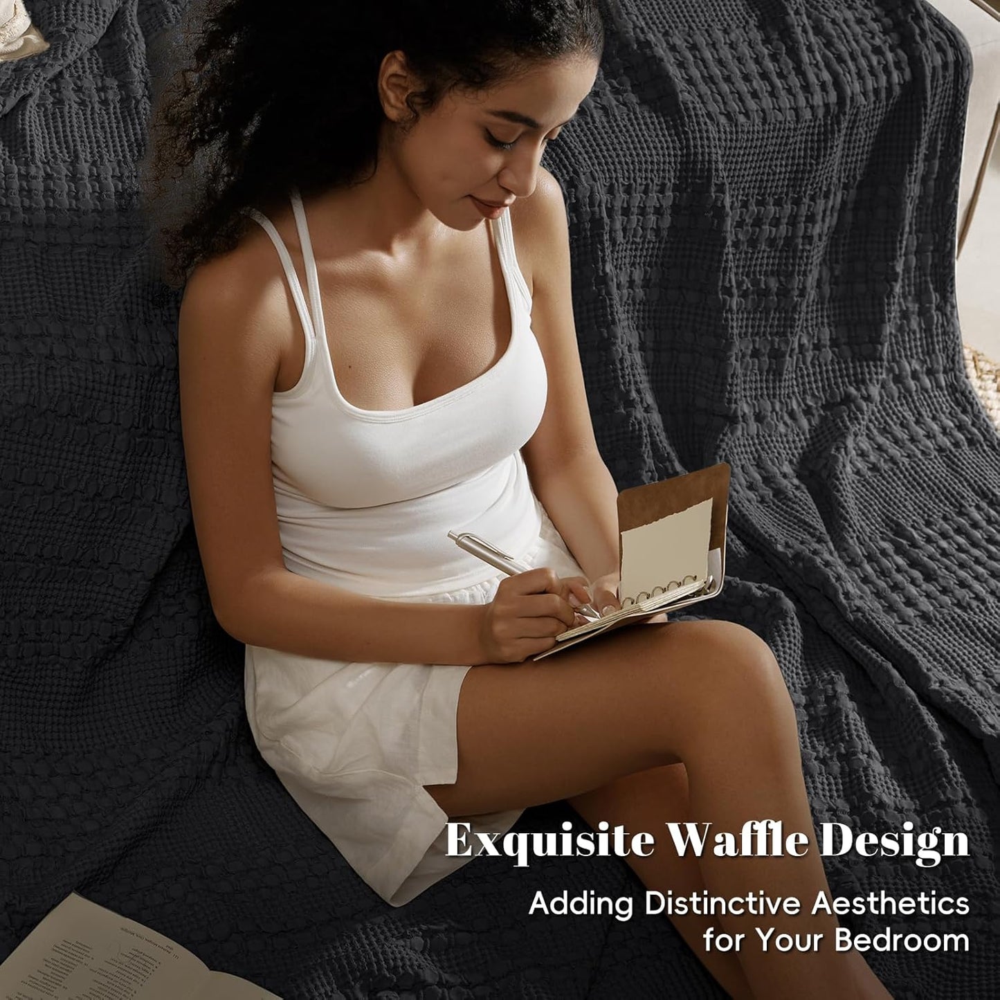PHF 100% Cotton Waffle Weave Blanket King Size, Soft Lightweight Breathable Cozy Summer Blankets