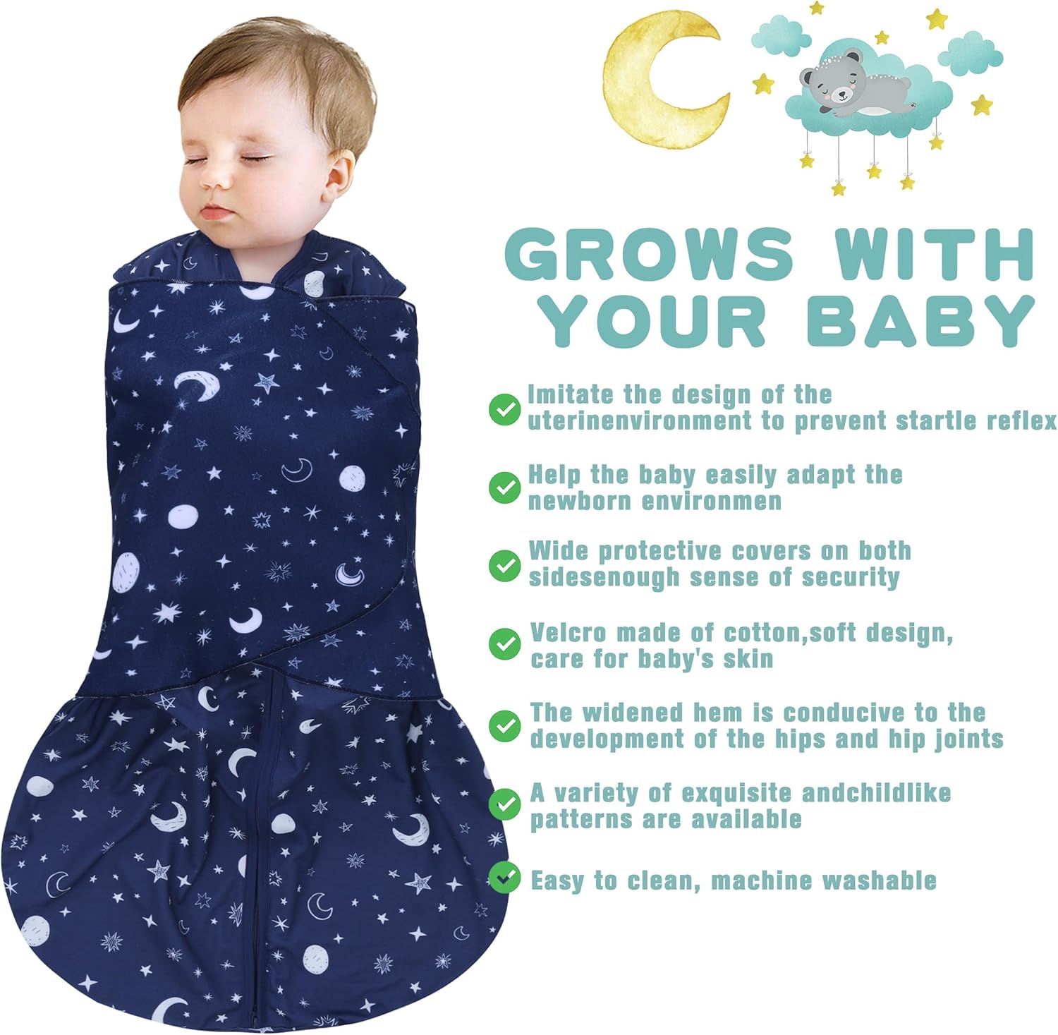 Newborn Sleep Sack Baby Swaddle,Swaddle me 0-3 Month,3-Way Adjustable Wearable Blanket,100% Rayon