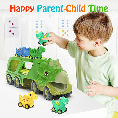 Veslier Dinosaur Car Toy for 3 4 5 Years Old Boys, Friction Power Carrier Truck with 4 Pack Small