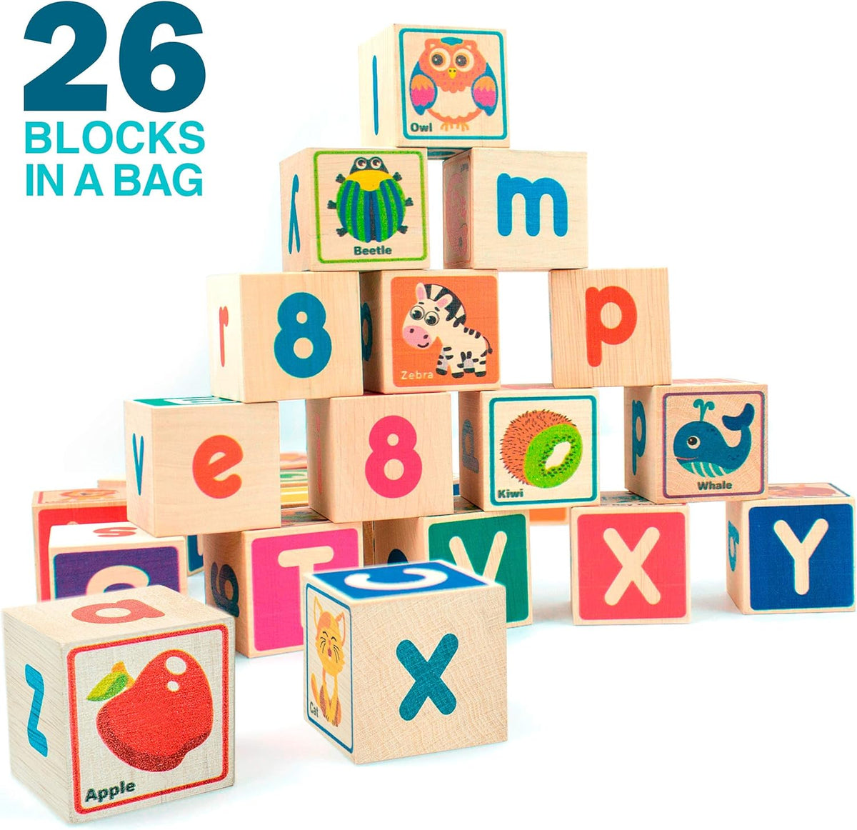 QUOKKA Wooden Blocks for Toddlers 1-3 - 26 ABC Learning Baby Blocks for Kids 3-5 Year Olds Stacking