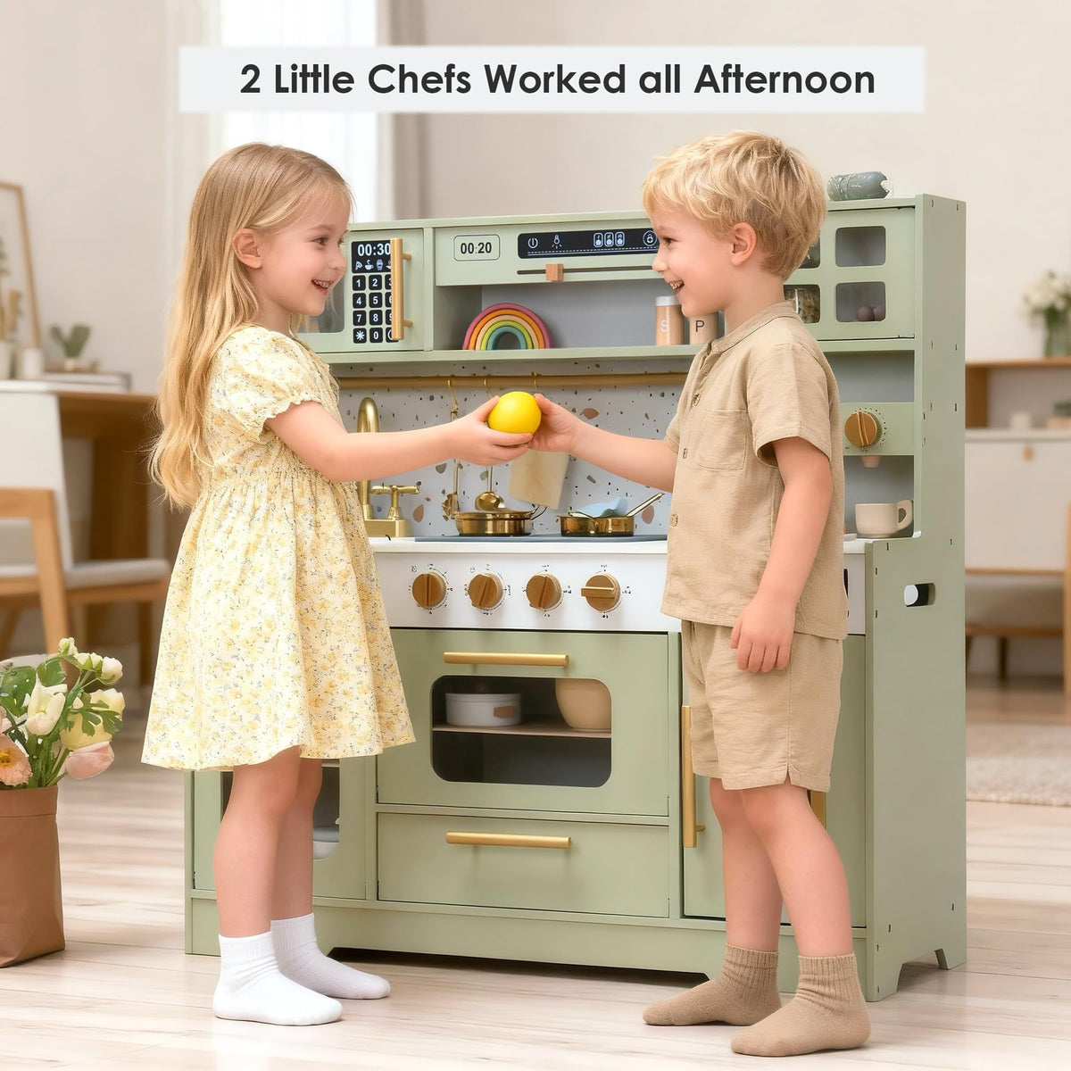 Wooden Play Kitchen with 15 Fun Accessories and Realistic Appliances Green