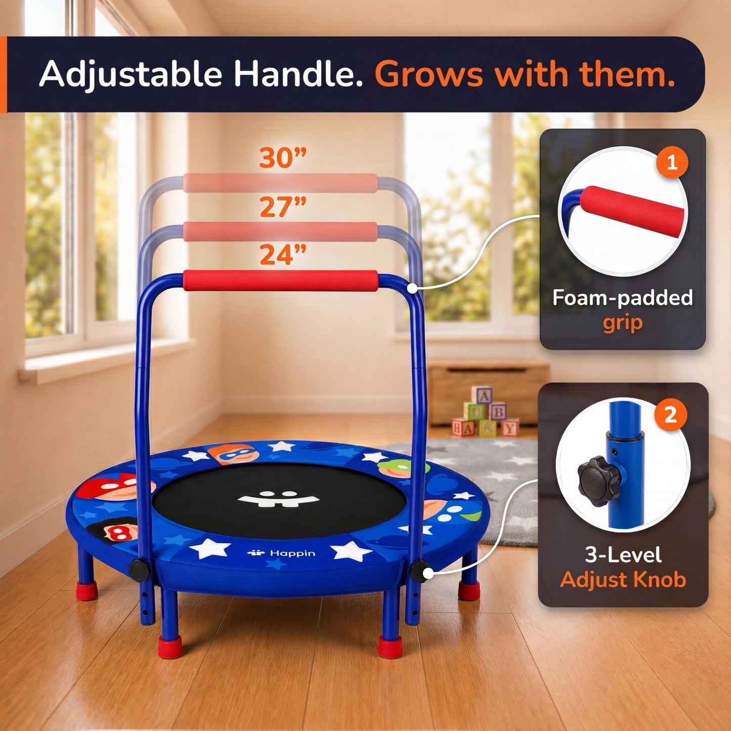 Happin® 36'' Toddler Trampoline Indoor, Foldable Mini Trampoline for Kids Ages 2-6, ASTM Certified