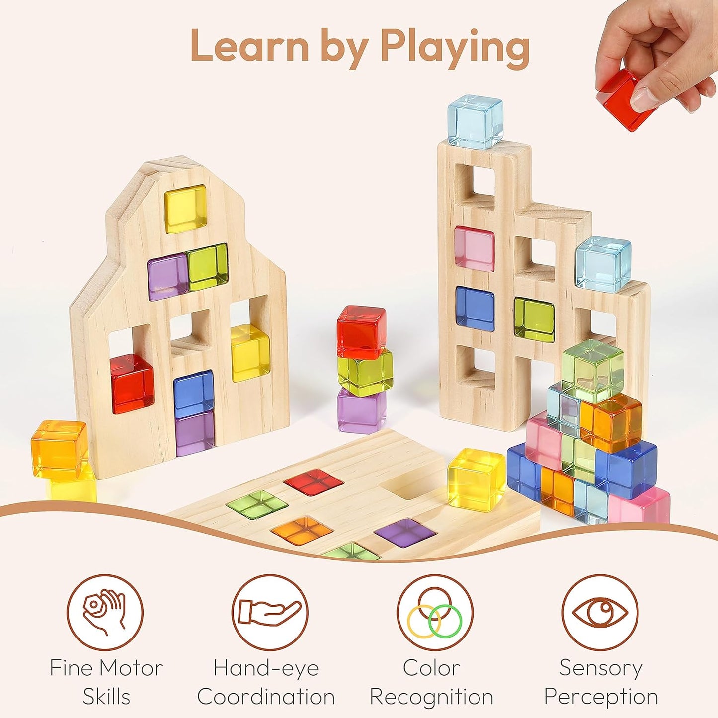 Wooden Building Blocks Set for Kids, 36 PCS Rainbow Acrylic Gem Cubes Blocks - 3 Wood House