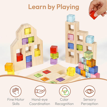 Wooden Building Blocks Set for Kids, 36 PCS Rainbow Acrylic Gem Cubes Blocks - 3 Wood House